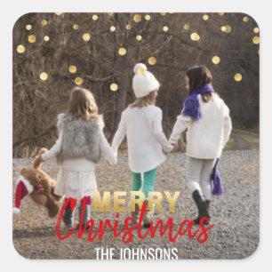 RED Gold Glitter Confetti Merry Christmas   PHOTO Square Sticker