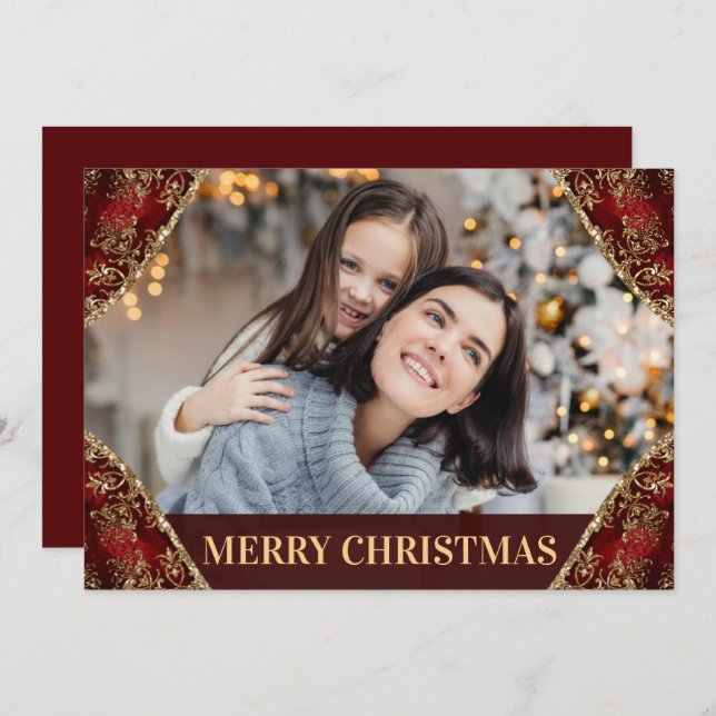 Red & Gold Glitter Corners Family Photo Christmas Holiday Card (Front/Back)