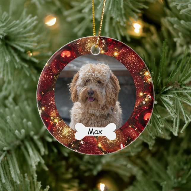 Red Gold Glitter Custom Pet Puppy Dog Photo Ceramic Ornament (Tree)