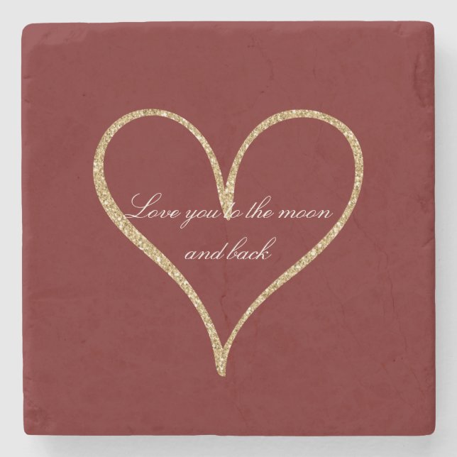 Red Gold Glitter Heart Love Stone Coaster (Front)