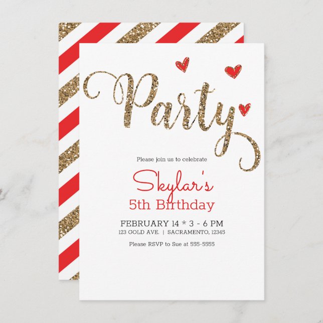 Red & Gold Glitter Heart Valentine's Day Party Invitation (Front/Back)