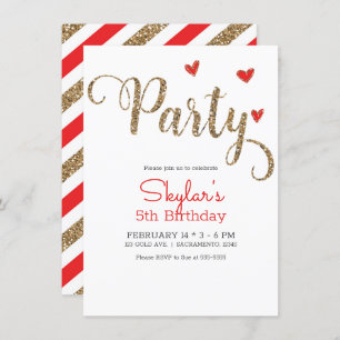 Red & Gold Glitter Heart Valentine's Day Party Invitation