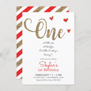 Red & Gold Glitter Hearts 1st 1 Birthday ONE Invit Invitation