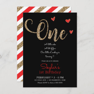 Red & Gold Glitter Hearts 1st 1 Birthday ONE  Invitation
