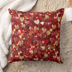 Red Gold Glitter Hearts Cushion