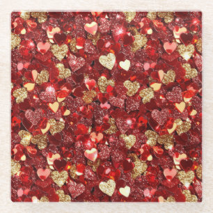 Red Gold Glitter Hearts Glass Coaster