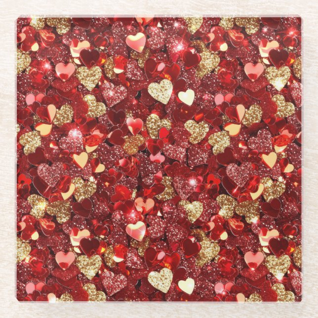 Red Gold Glitter Hearts Glass Coaster (Front)