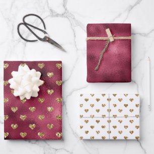 Red Gold Glitter Hearts Wrapping Paper Sheet