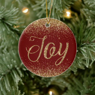 Red Gold Glitter Joy Ceramic Ornament