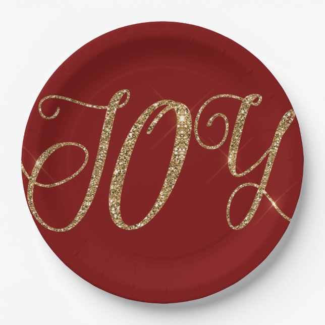 Red Gold Glitter Joy Christmas Paper Plate (Front)