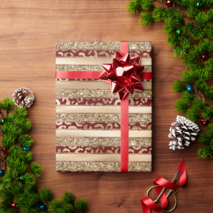 Red Gold Glitter Leopard Print Stripes Wrapping Paper