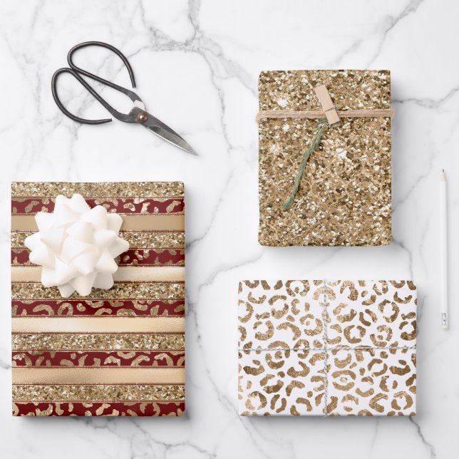 Red Gold Glitter Leopard Print Stripes Wrapping Paper Sheet (Front)
