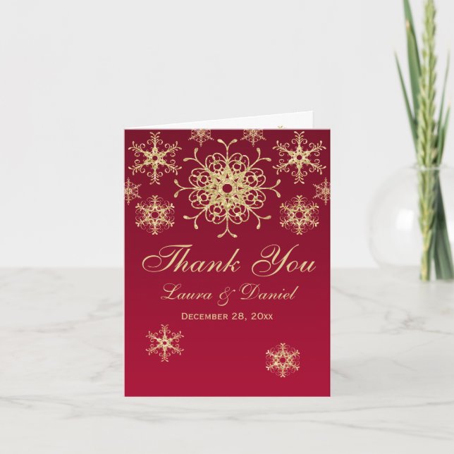 Red, Gold Glitter LOOK Snowflakes Thank You Card (Front)