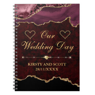 Red & Gold Glitter Marble Agate Wedding Day Notebook
