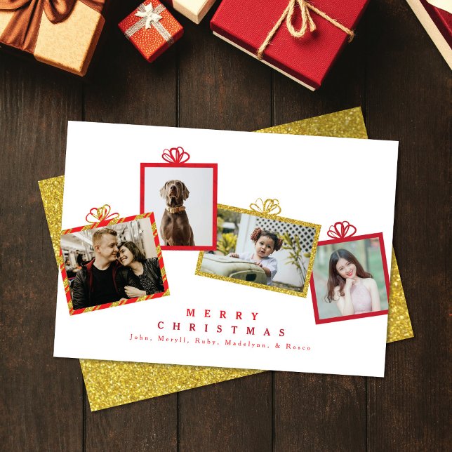 Red & Gold Glitter Photo Gift Boxes Christmas Holiday Card (Creator Uploaded)