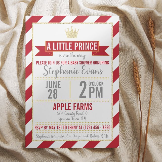 Red Gold Glitter Prince Baby Shower Invite (Creator Uploaded)