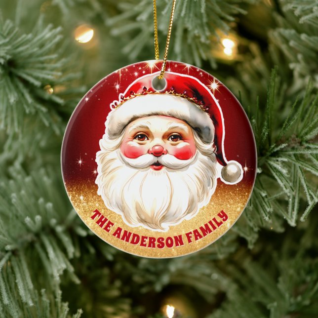 Red Gold Glitter Retro Santa Claus Christmas Ceramic Ornament (Tree)