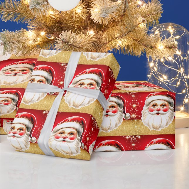 Red Gold Glitter Retro Santa Claus Christmas Wrapping Paper (Holidays)
