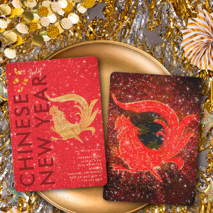 Red Gold Glitter Rooster Lunar New Year Party Invitation