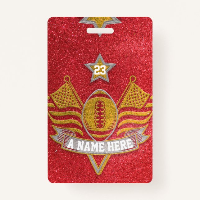 Red & Gold Glitter School Football Team Sports ID Badge (Front)