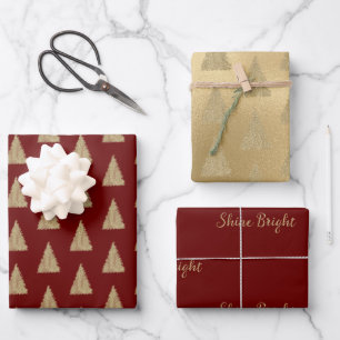 Red Gold Glitter Shine Christmas Trees      Wrapping Paper Sheet