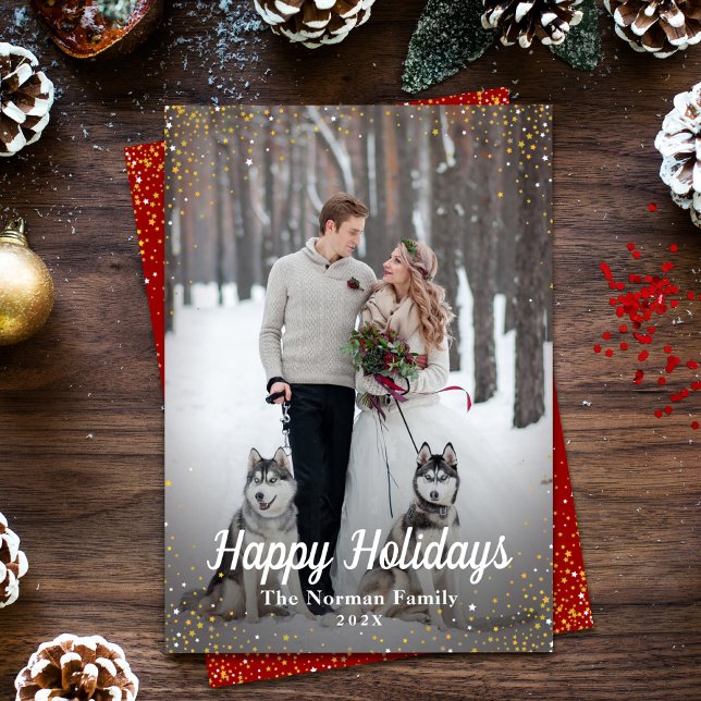 Red Gold Glitter Snow Happy Holidays Photo Holiday Card (Creator Uploaded)