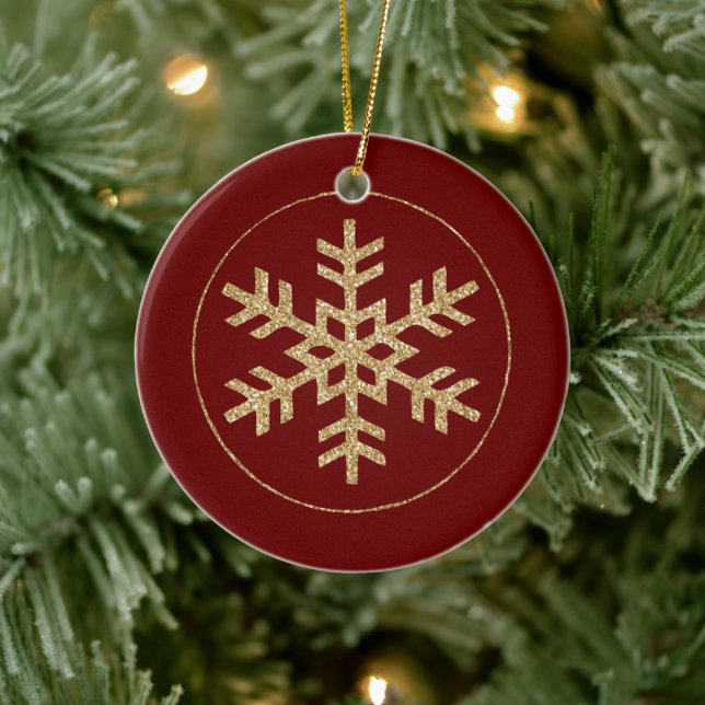 Red Gold Glitter Snowflake Ceramic Ornament (Tree)