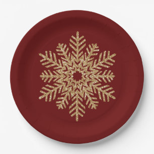 Red Gold Glitter Snowflake Paper Plate