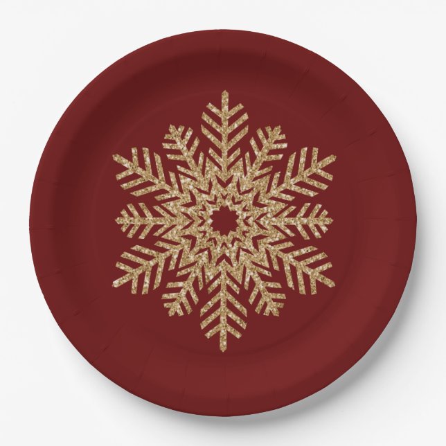 Red Gold Glitter Snowflake Paper Plate (Front)
