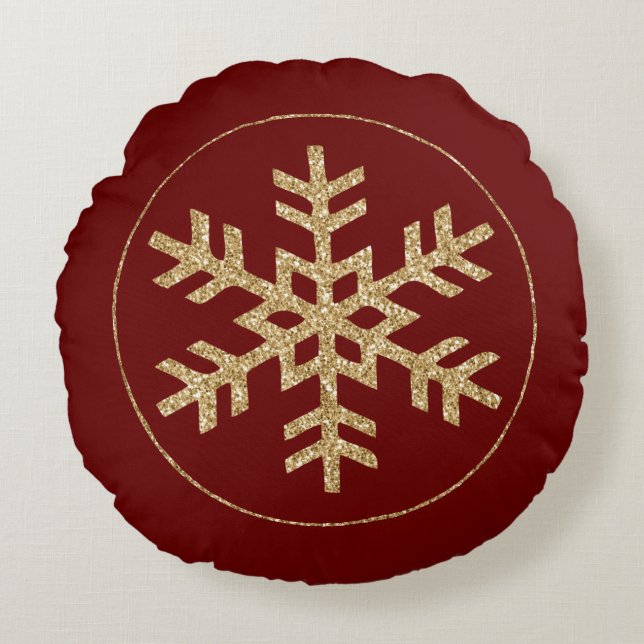 Red Gold Glitter Snowflake Round Cushion (Front)
