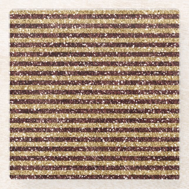 Red Gold Glitter Sparkle Stripes        Glass Coaster (Front)