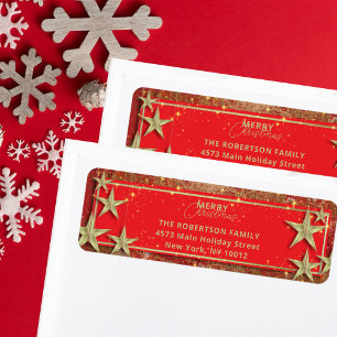 Red Gold Glitter Star Merry Christmas Address Return Address Label