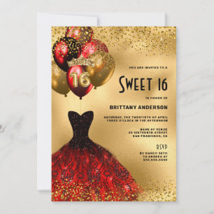 Red Gold Glitter Tiara Dress Sweet 16 Birthday Invitation