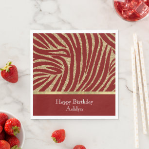 Red Gold Glitter Zebra Birthday Napkin