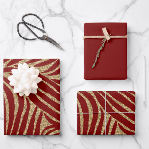Red Gold Glitter Zebra Birthday Wrapping Paper Sheet