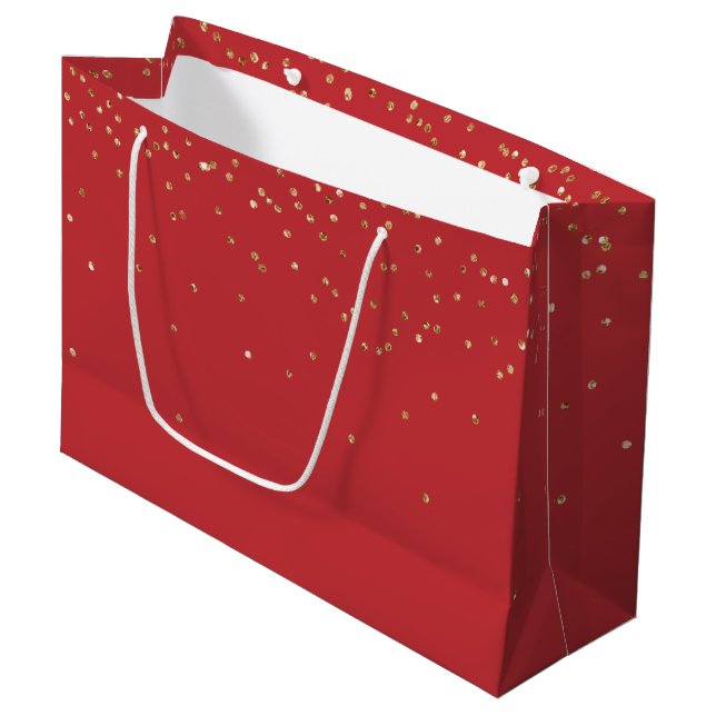 Red Gold Glitzy Confetti Christmas Large Gift Bag (Front Angled)