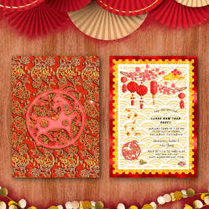 Red Gold Goat Zodiac Chinese New Year Party Invitation