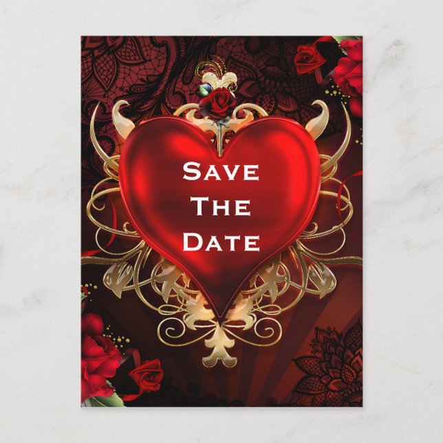 Red & Gold Gothic Love Heart Wedding Save the Date Announcement Postcard (Front)