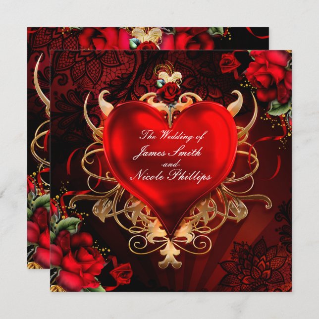 Red & Gold Gothic Love Romance Heart Wedding Invitation (Front/Back)