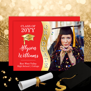 Red Gold Graduate Wave Grad Cap Photo Announcement