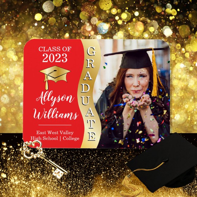 Red | Gold Graduate Wave Grad Cap Photo  Magnet (Creator Uploaded)