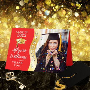 Red   Gold Graduate Wave Grad Cap Photo Thank You Card