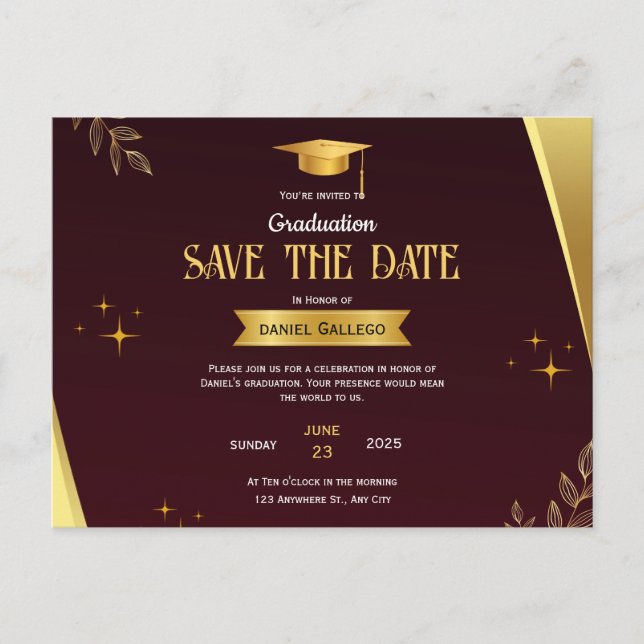 Red Gold Graduation Save the Date Postcard (Front)