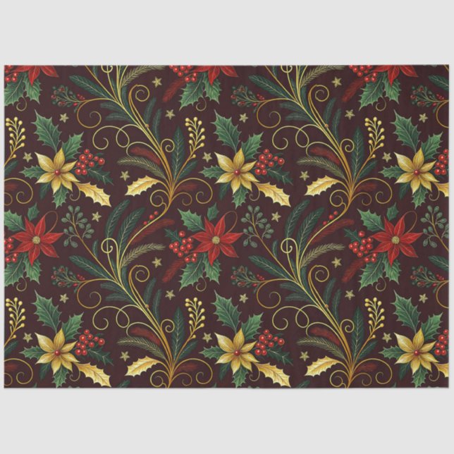 Red Gold Green Christmas Florals Decoupage  Tissue Paper (Front)