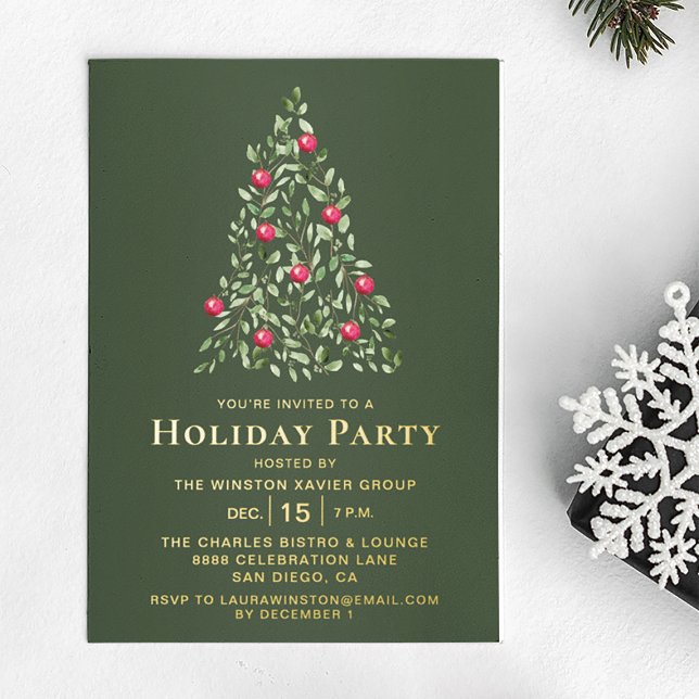 Red Gold Green Christmas Holiday Corporate Party (Holiday Party green pine red ornament corporate invitation)