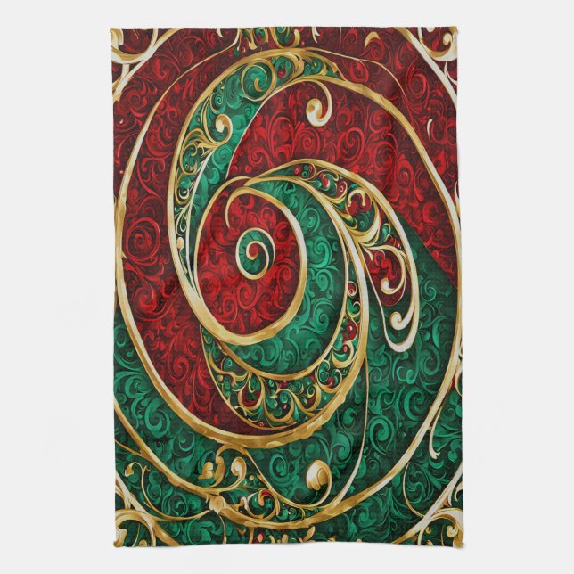 Red Gold Green Christmas Holiday Kitchen Towel (Vertical)