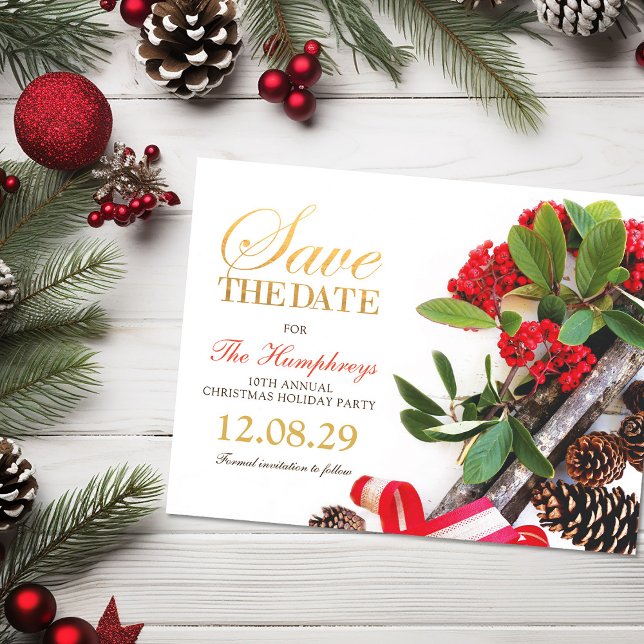 Red Gold Green Christmas Party Save the Date Announcement Postcard (Creator Uploaded)