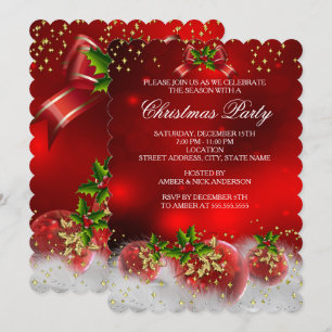 Red Gold Green Holly Snow White Christmas Party Invitation