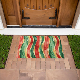 Red Gold Green Stripes Christmas Doormat