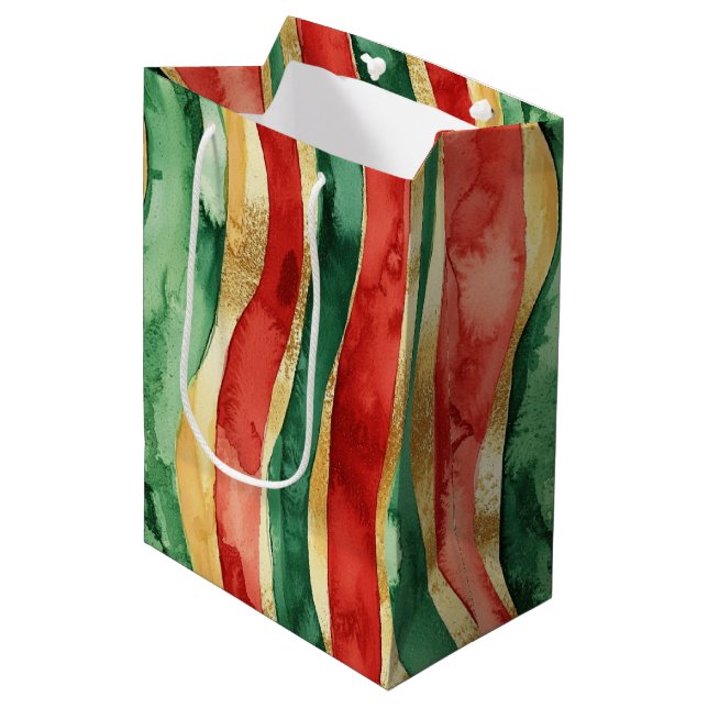 Red Gold Green Stripes Christmas Medium Gift Bag (Front Angled)
